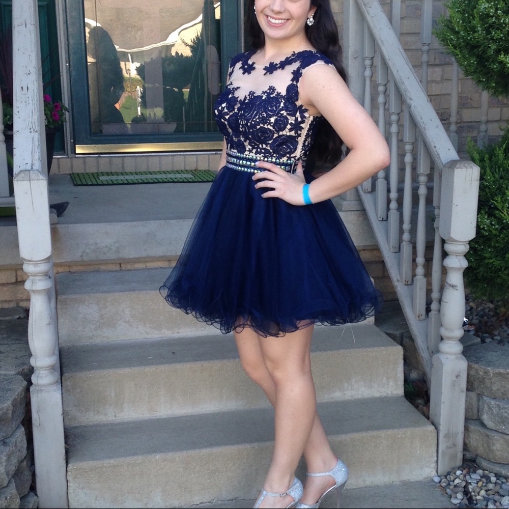 Navy blue flower Grad dress Dave and Johnny